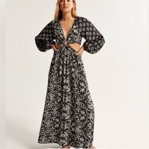 Abercrombie & Fitch XS Petite Long Sleeve Plunge Cutout Maxi Dress Boho Beach